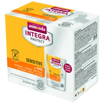Animonda Integra Protect Sensitive Tierfutterverpackung: gelbe Box mit dem Etikett "Sensitive", "mit PUTE" (mit Pute) und glutenfrei.