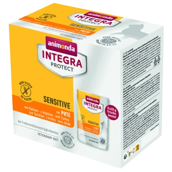 Animonda Integra Protect Sensitive Tierfutterverpackung: gelbe Box mit dem Etikett "Sensitive", "mit PUTE" (mit Pute) und glutenfrei.