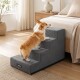 Corgi steigt graue Kord-Haustiertreppe neben dem Bett in einem Schlafzimmer hinauf; Aufschrift „Feandrea“ vorne sichtbar.