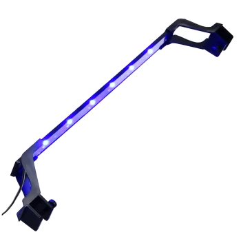 Schwarze LED-Aquariumleuchte mit blauen Lichtern, entworfen zum Anbringen am Rand eines Tanks.