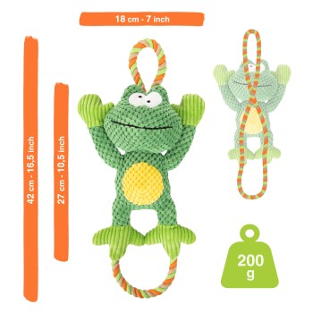 Grünes, froschförmiges Hundespielzeug mit gelbem Bauch, 18 cm hoch, 42 cm lang, 27 cm breit und wiegt 200 g.