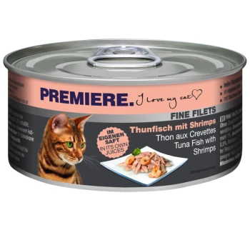Eine Dose "Premiere" Katzenfutter mit dem Gesicht einer Katze, beschriftet mit "Thunfisch mit Shrimps" und "IM EIGENEN SAFT."