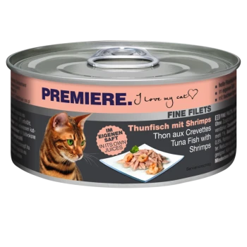 Eine Dose "Premiere" Katzenfutter mit dem Gesicht einer Katze, beschriftet mit "Thunfisch mit Shrimps" und "IM EIGENEN SAFT."