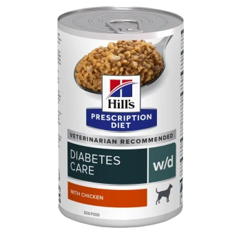 Hill's Prescription Diet Dosenfutter für Hunde zur Diabetespflege, mit Huhn, mit einem von Tierärzten empfohlenen Etikett.
