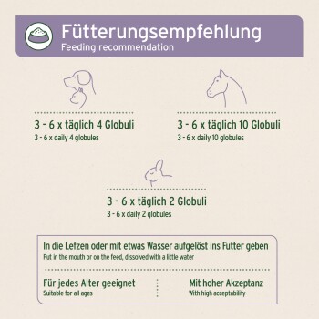 Fütterungsempfehlungstabelle für Haustiere, die Dosierungen für Hunde, Pferde und Kaninchen detailliert, mit Anweisungen zur Verwendung und Eignung für alle Altersgruppen.