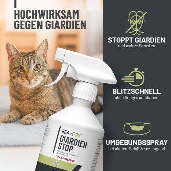 Katze liegt neben einer Sprühflasche mit der Aufschrift „Reavet Giardien Stop“ mit Text über schnellen, effektiven Parasiten-Schutz.