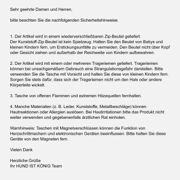 Sicherheitsanweisungen für einen wiederverwendbaren Zip-Beutel, einschließlich Warnungen zu Strangulationsgefahr und Materialreaktionen.