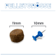 Überschrift 'PELLETGRÖSSE', braunes Trockenfutterpellet (11 mm) und blaue Reißzwecke (10 mm) gezeigt.