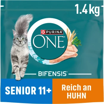 Torba z jedzeniem dla kotów Purina ONE z puszystym szarym kotem, oznaczona "Senior 11+" i "Reich an Huhn", o wadze 1,4 kg.