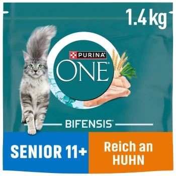 Purina ONE Katzenfutterbeutel mit einer flauschigen grauen Katze, beschriftet mit "Senior 11+" und "Reich an Huhn", mit einem Gewicht von 1,4 kg.