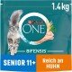 Purina ONE Katzenfutterbeutel mit einer flauschigen grauen Katze, beschriftet mit "Senior 11+" und "Reich an Huhn", mit einem Gewicht von 1,4 kg.