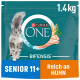 Purina ONE Katzenfutterbeutel mit einer flauschigen grauen Katze, beschriftet mit "Senior 11+" und "Reich an Huhn", mit einem Gewicht von 1,4 kg.