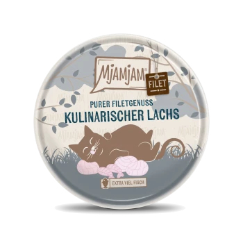 Eine Dose Katzenfutter mit einer schlafenden Katze und rosa Fischen, beschriftet mit 'Mjamjam Filet Purer Filetgenuss Kulinarischer Lachs' mit 'Extra viel Fisch.'