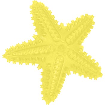 Jouet à mâcher en caoutchouc en forme d'étoile de mer jaune avec des picots texturés et des bras striés.
