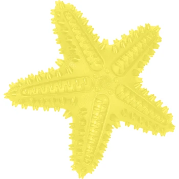Jouet à mâcher en caoutchouc en forme d'étoile de mer jaune avec des picots texturés et des bras striés.