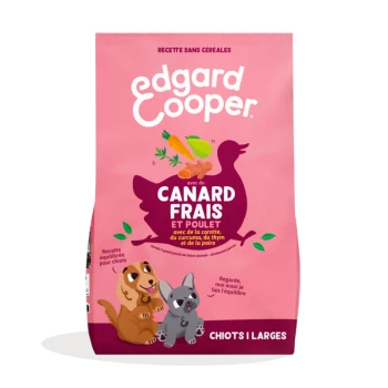 Sac rose Edgard Cooper étiqueté « Canard Frais et Poulet », illustration de canard avec des carottes et deux chiots illustrés