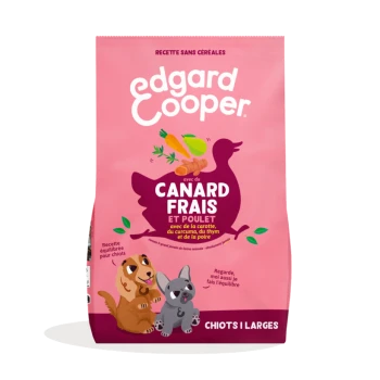 Sac rose Edgard Cooper étiqueté « Canard Frais et Poulet », illustration de canard avec des carottes et deux chiots illustrés