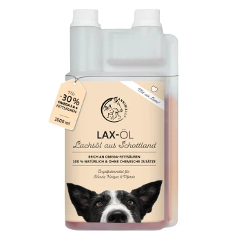 LAX-ÖL Lachsöl für Haustiere, reich an Omega-Fettsäuren, 100% natürlich, geeignet für Hunde, Katzen und Pferde, mit einem Spritzer Öl.
