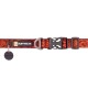Ein lebhaft rotes und oranges Hundehalsband mit einer schwarzen Schnalle, das ein "RUFFWEAR"-Logo und ein Metallschild zeigt.
