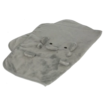 Grauem Haustierdecke mit einem niedlichen Tiergesicht-Design, aus weichem Stoff und kleinen Ohren, ideal um Haustiere gemütlich zu halten.