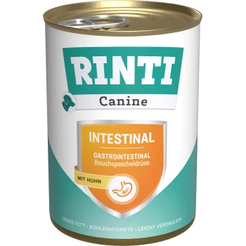 Rinti Canine Intestinal Hundefutterdose, mit einem türkis-weißen Design, beschriftet mit "Gastrointestinal" und "Mit Huhn".