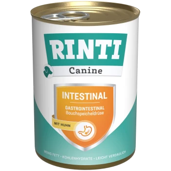 Rinti Canine Intestinal hondenvoerblik, met een teal en witte ontwerp, gelabeld 'Gastrointestinal' met 'Mit Huhn' (met kip).