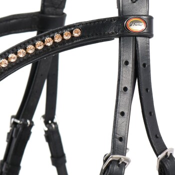 Schwarzes Leder-Haustiergeschirr, verziert mit funkelnden Strasssteinen entlang des Riemens, mit verstellbaren Schnallen und einem Logo-Anhänger.