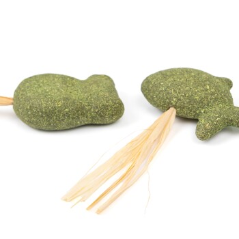 Zwei grüne, fischförmige Katzenspielzeuge aus natürlichen Materialien, mit Strohschwänzen, auf einem weißen Hintergrund platziert.
