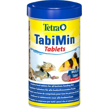 Behälter für Tetra TabiMin Tabletten für Bodenfresser, zeigt Fische, Tabletten und Text: "Vollwertige Futtertabletten" und "Mit Garnelen."