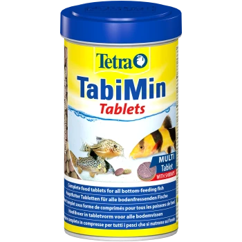 Behälter für Tetra TabiMin Tabletten für Bodenfresser, zeigt Fische, Tabletten und Text: "Vollwertige Futtertabletten" und "Mit Garnelen."
