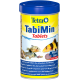 Contenant de comprimés Tetra TabiMin pour poissons de fond, montrant des poissons, des comprimés et le texte : "Comprimés alimentaires complets" et "Avec des crevettes."