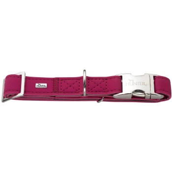 Rosa Hundehalsband mit silberner Metallschnalle und D-Ring, gestepptes Detail und 'HUNTER'-Logo.