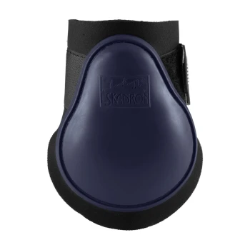 Marineblaue Pferdeschützer mit hartem Gehäuse und schwarzem Klettverschluss, mit dem Eskadron-Logo auf der Vorderseite.