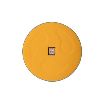 Rundes gelbes Hundebett mit strukturierter Oberfläche und kleinem Ruffwear-Logo mit einem Hund in der Mitte.