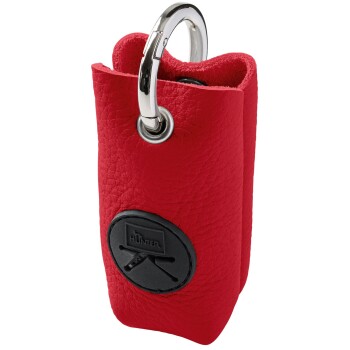 Roter Lederbeutelspender für Hundekot mit Metallkarabiner und schwarzem rundem 'HUNTER'-Logo