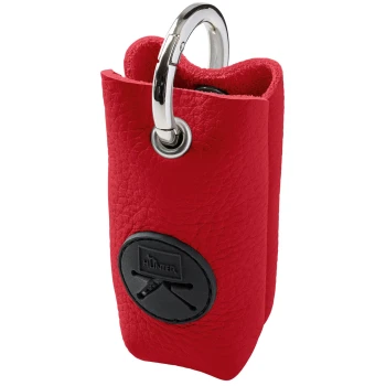 Roter Lederbeutelspender für Hundekot mit Metallkarabiner und schwarzem rundem 'HUNTER'-Logo