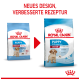 Vergleich der Verpackung von Royal Canin Welpenfutter, das ein neues Design und ein verbessertes Rezept zeigt, mit Details für mittelgroße Welpen im Alter von 2-12 Monaten.