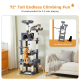 72" hoher Katzenbaum mit 8 Ebenen, mit zwei spielenden Katzen, einer Sicherheitsgurtillustration und Text, der Kletterspaß hervorhebt.