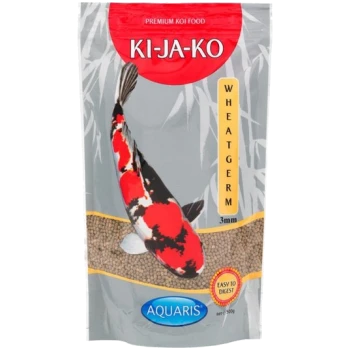 Eine Tüte KI-JA-KO Premium Koi-Futter mit einem bunten Koi-Fisch-Design, beschriftet mit "Weizenkleie 3mm," wobei "Leicht verdaulich" hervorgehoben ist.