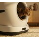 Getigerte Katze lugt aus einer weißen, modernen geschlossenen Katzentoilette auf einem Teppich hervor; im Hintergrund ein Holz-Sideboard und Vasen.