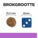 Afbeelding die de grootte van een brok huisdiervoeding (10,5 mm) vergelijkt met een blauwe dobbelsteen (16 mm), met de tekst "BROKGROOTTE" erboven.