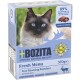 Bozita Fresh Menu Katzenfutterverpackung mit einer Siamkatze, die "89% tierischen Ursprungs", "Freilaufende Rentiere" und "Hergestellt in Schweden" zeigt.