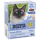 Bozita Fresh Menu Katzenfutterverpackung mit einer Siamkatze, die "89% tierischen Ursprungs", "Freilaufende Rentiere" und "Hergestellt in Schweden" zeigt.