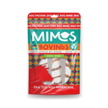 Verpackung für Hundeleckerlis mit "Mimos Bovinos" in einem bunten Design, mit der Aufschrift "100% Rind" und "Eine Tüte voll Hundeliebe."