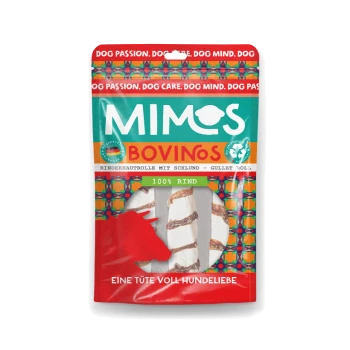 Verpackung für Hundeleckerlis mit "Mimos Bovinos" in einem bunten Design, mit der Aufschrift "100% Rind" und "Eine Tüte voll Hundeliebe."