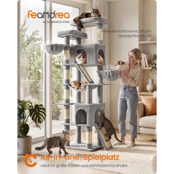Frau mit hohem grauen Kratzbaum und mehreren Katzen in einem Wohnzimmer; sichtbarer Text: 'feandrea' und 'All-in-one-Spielplatz'.