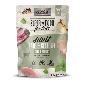 MACs Super Food für Katzen, Erwachsene Ente & Geflügel, 300g Packung mit Fleisch, Apfel, Katzenminze und Etiketten für getreidefrei und hohen Fleischanteil.