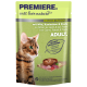 Emballage de nourriture pour chat avec un chat tigré aux yeux verts, étiqueté "PREMIERE. les chats aiment la nature" et "DELUXE RAGOUT mit Wild, Kaninchen & Pasta."
