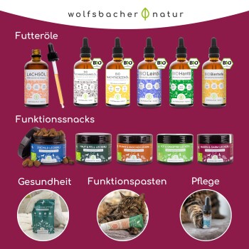 Bild von Wolfsbacher Natur Haustiergesundheitsprodukten, die Öle und Snacks mit Etiketten für biologische Zutaten und Gesundheitsvorteile zeigen.