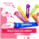 Bunte Eisformen in verschiedenen Farbtönen, beschriftet mit "#ICEPOPS", mit Text, der sagt "Mach Dein Eis selbst!" und "So einfach!", was die Benutzerfreundlichkeit anzeigt.